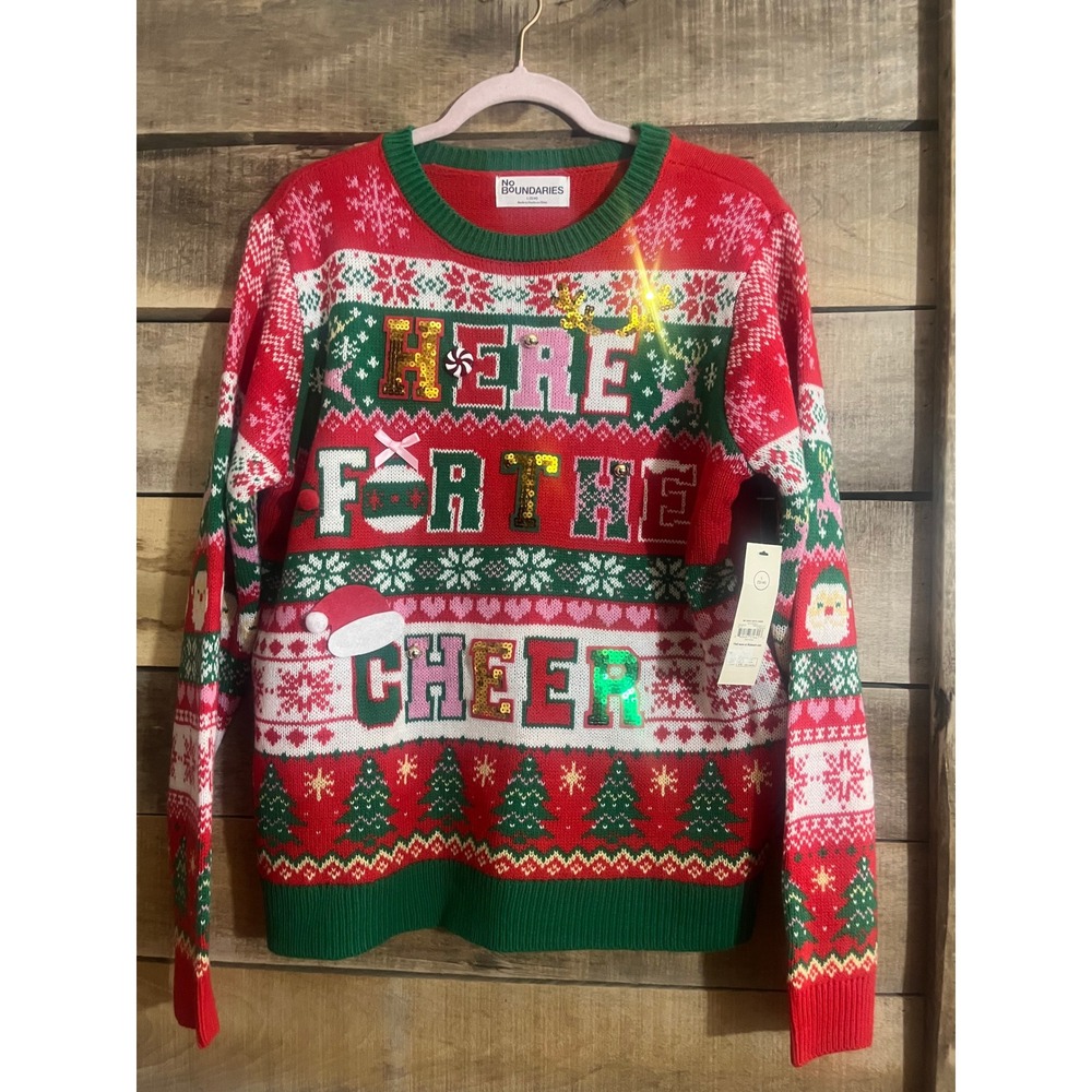 No Boundaries Womens Here For The Cheer Ugly Christmas Sweater Red Green L 12-14